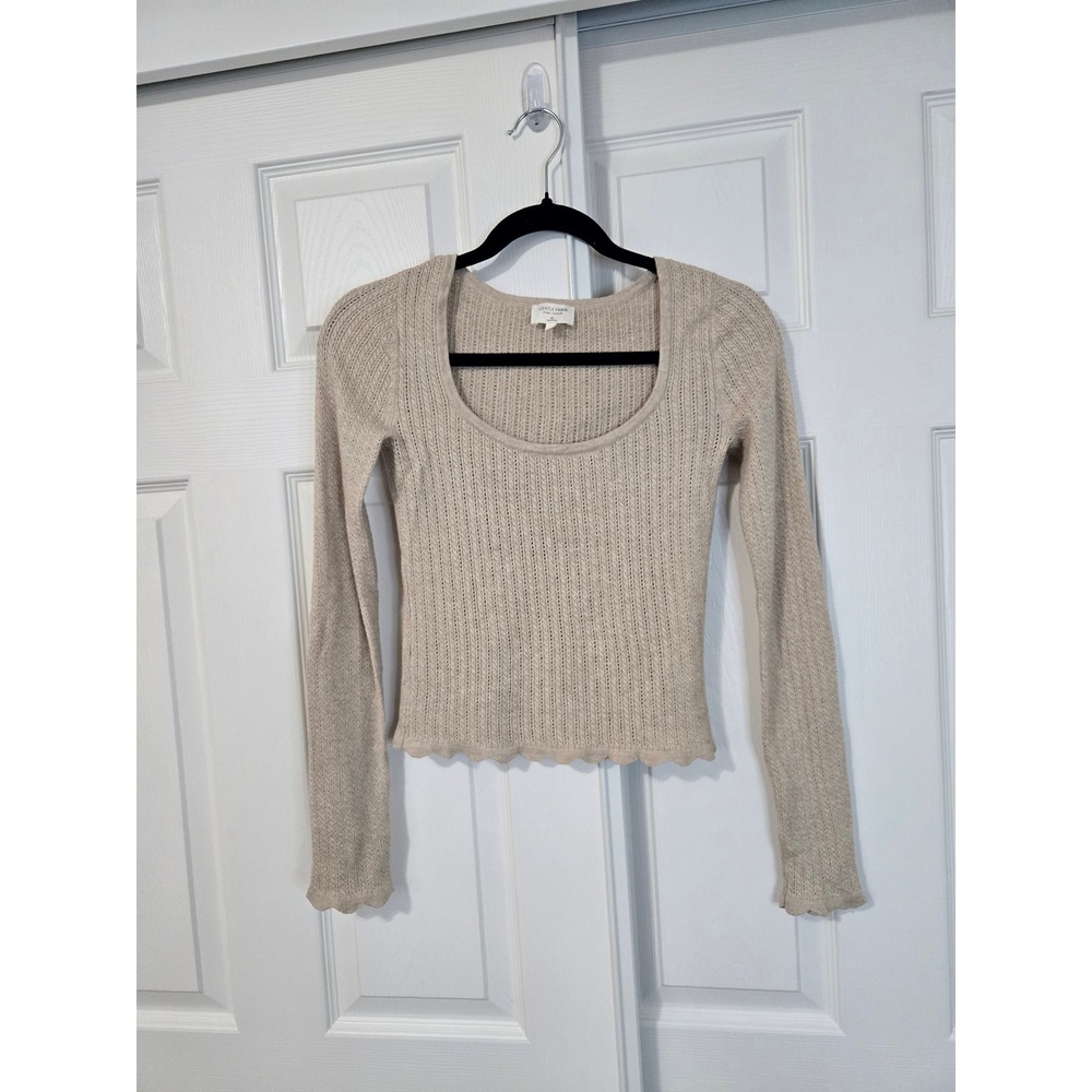Gentle Fawn Beige Pointelle Cable Knit Scoop Neck Scallop Sweater XS